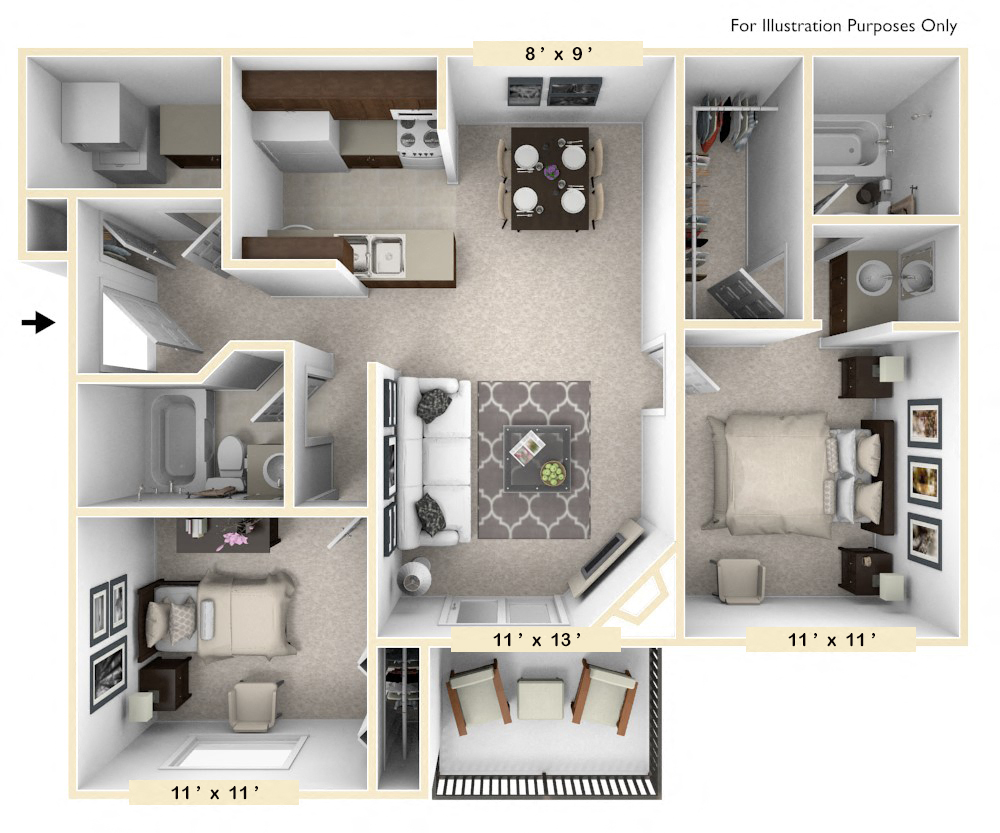 Floor plan for 2 beds, 2 baths, 935 sqft